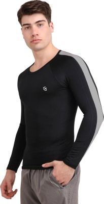 Sportinger Solid, Sporty, Colorblock Men Round Neck Black, Grey T-Shirt