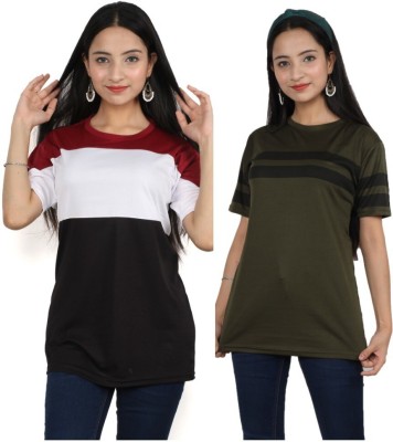 Oishee Printed Women Round Neck Dark Green, Maroon T-Shirt