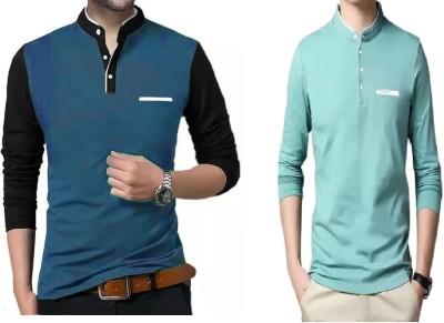 vescor Solid Men Mandarin Collar Blue, Light Green T-Shirt