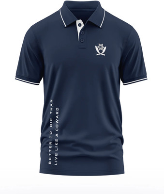 Warriorworld Typography Men Polo Neck Navy Blue T-Shirt