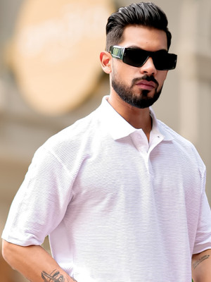 MANIAC Self Design Men Polo Neck White T-Shirt