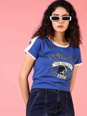 V-MART Printed Women Round Neck Blue T-Shirt