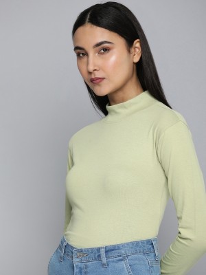 ether Solid Women Turtle Neck Green T-Shirt