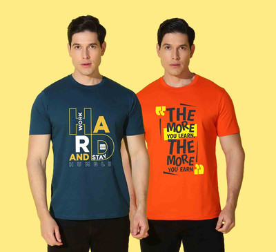WOOSTRO Typography Men Round Neck Blue, Orange T-Shirt