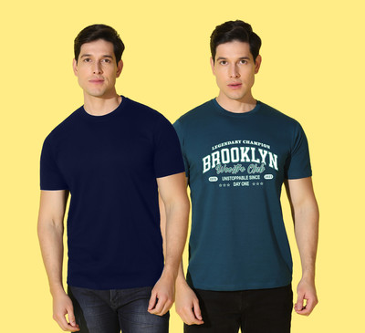 WOOSTRO Solid, Typography Men Round Neck Blue, Black T-Shirt