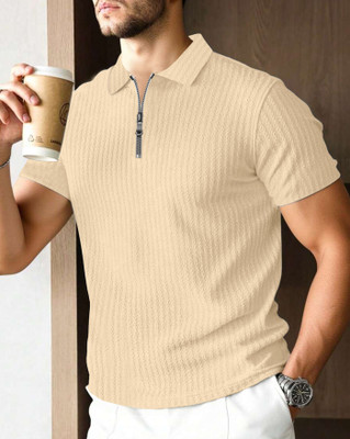 AOOSH Self Design Men Polo Neck Beige T-Shirt
