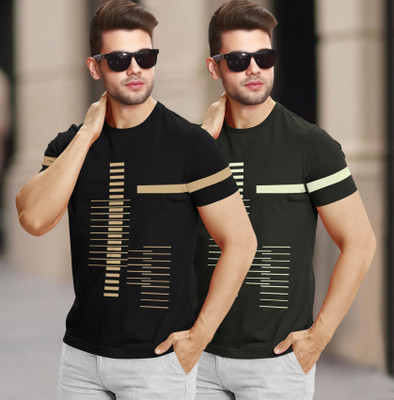 TRIPR Printed Men Round Neck Black, Dark Green T-Shirt