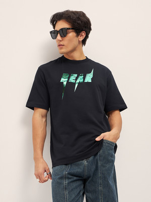 THE BEAR HOUSE Self Design Men Round Neck Black T-Shirt
