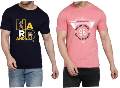 WOOSTRO Graphic Print Men Round Neck Dark Blue, Pink T-Shirt