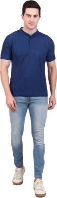 colour tribe Self Design Men Mandarin Collar Dark Blue T-Shirt