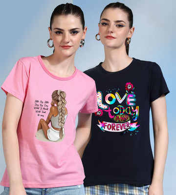 METRONAUT Printed Women Round Neck Pink, Dark Blue T-Shirt