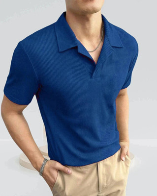 TAZO Self Design Men Polo Neck Blue T-Shirt
