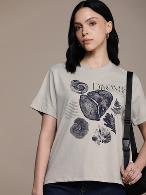 Roadster Printed Women Round Neck Grey T-Shirt