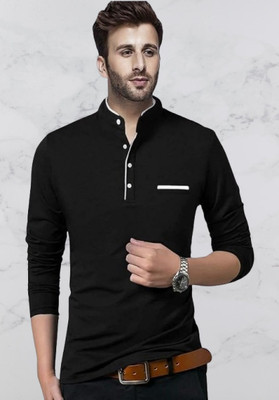 Treasurelook Solid Men Mandarin Collar Black T-Shirt