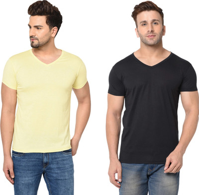 Adorbs Trend Solid Men V Neck Black, Yellow T-Shirt