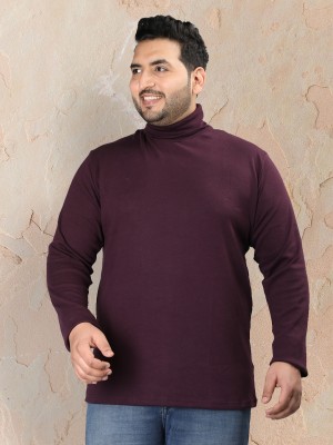 CHKOKKO Solid Men Turtle Neck Purple T-Shirt