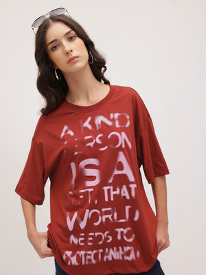 Roadster Printed Women Round Neck Maroon T-Shirt