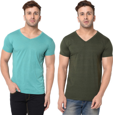 JB Jangoboy Solid Men V Neck Dark Green, Light Green T-Shirt
