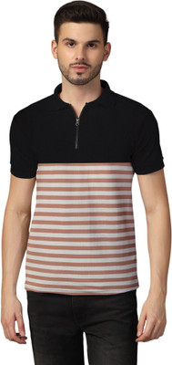 tfurnish Striped Men Polo Neck Maroon T-Shirt