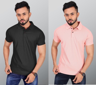 INDICLUB Solid Men Polo Neck Black, Pink T-Shirt
