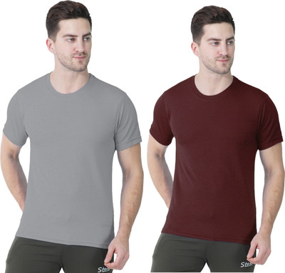 Stair Solid Men Round Neck Maroon, Grey T-Shirt