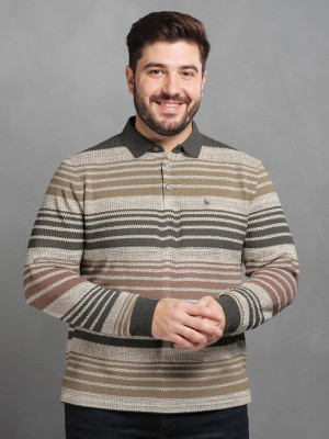 Bullmer Striped Men Polo Neck Beige T-Shirt