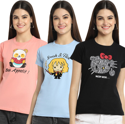 Fabflee Typography Women Round Neck Multicolor T-Shirt