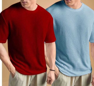 BOOM BAAM Solid Men Round Neck Brown, Maroon T-Shirt