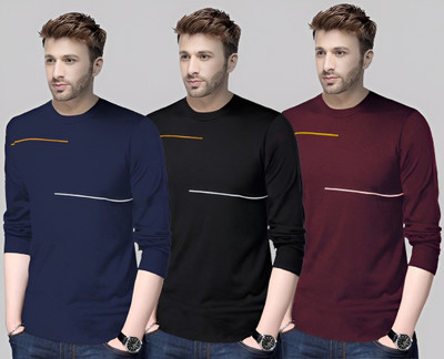 Reya Printed Men Round Neck Maroon, Black, Blue T-Shirt