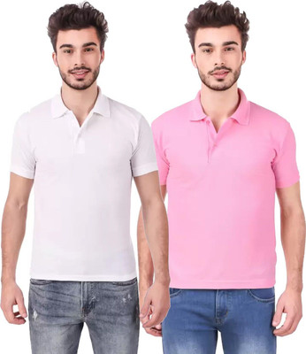 YUALIN CREATION Solid Men Crew Neck White, Pink T-Shirt