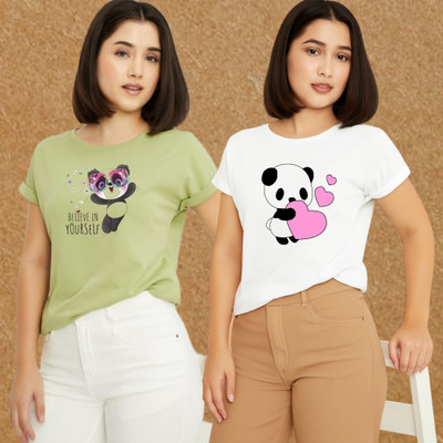 Kasendra Graphic Print Women Round Neck Green, White T-Shirt
