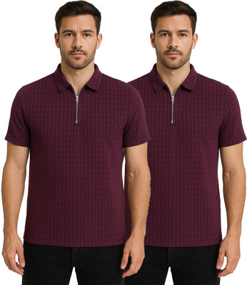KEOTI Self Design Men Zip Neck Maroon T-Shirt