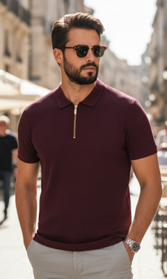 BhagvatiVibe Solid Men Zip Neck Purple T-Shirt