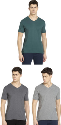 JOCKEY Solid Men V Neck Grey, Green T-Shirt