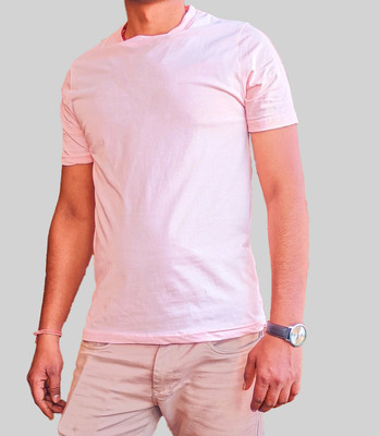 JP Creation Solid Men Round Neck Pink T-Shirt