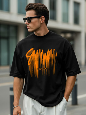 JUST ROAR Printed Men Round Neck Black T-Shirt