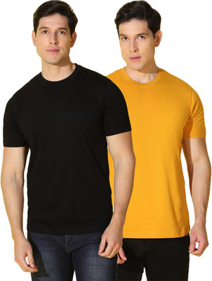 WOOSTRO Solid Men Round Neck Black, Yellow T-Shirt