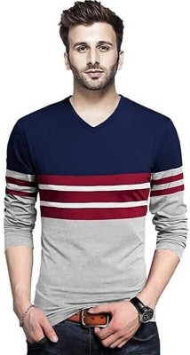 Pitcher Colorblock, Striped Men V Neck Multicolor T-Shirt