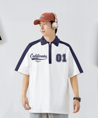 Jump Cuts Printed Men Polo Neck White T-Shirt