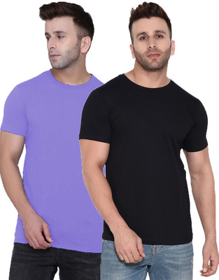 Kroptee Solid Men Round Neck Purple, Black T-Shirt