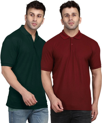 INKKR Solid Men Polo Neck Green, Maroon T-Shirt