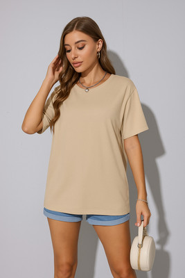Rockwell Solid Women Round Neck Beige T-Shirt