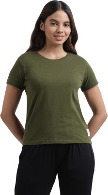 yogista Solid Women Round Neck Green T-Shirt