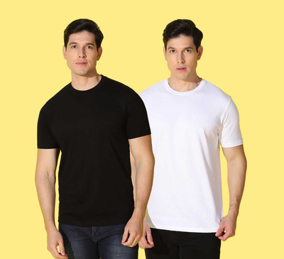 WOOSTRO Solid Men Round Neck Black, White T-Shirt