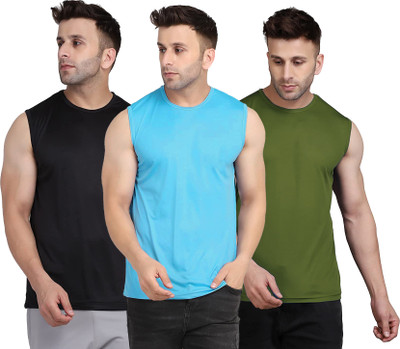 UDI n ADI Solid Men Round Neck Light Blue, Black, Dark Green T-Shirt