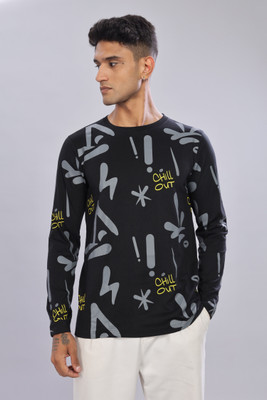 LEWEL Printed Men Round Neck Black T-Shirt