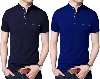 Yezi Solid Men Mandarin Collar Dark Blue, Blue T-Shirt