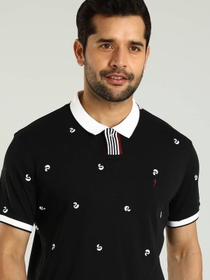 INDIAN TERRAIN Printed Men Polo Neck Black T-Shirt