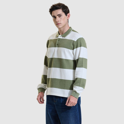 Snitch Striped Men Polo Neck Green T-Shirt