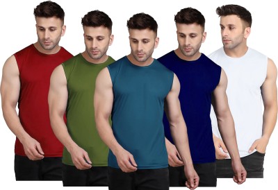 UDI n ADI Solid Men Round Neck Dark Green, Maroon, Navy Blue, White T-Shirt